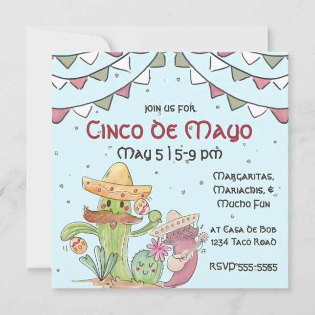 Cinco de Mayo Singing Cactus and Pepper Mariachis Invitation (Front)