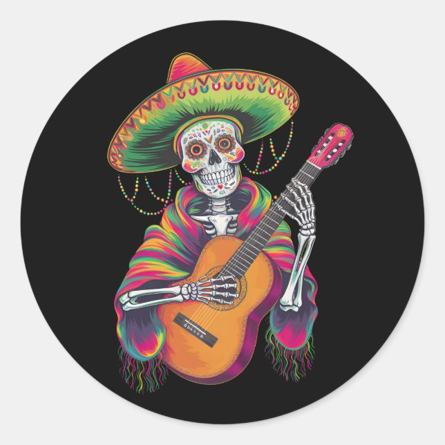 Cinco De Mayo Skeleton Skull Fiesta Guitar Classic Round Sticker (Front)