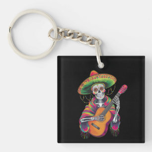 Cinco De Mayo Skeleton Skull Fiesta Guitar Key Ring