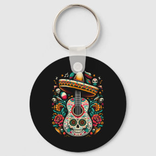 Cinco De Mayo Skeleton Skull Sombrero Guitar Mexic Key Ring