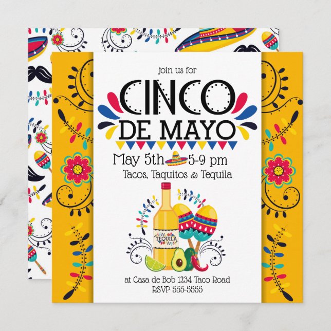 Cinco de Mayo Tequila Folk Invitation (Front/Back)