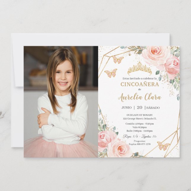 Cincoañera Blush Pink Floral Butterflies Photo Invitation (Front)