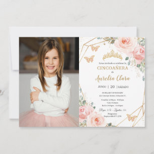 Cincoañera Blush Pink Floral Butterflies Photo Invitation