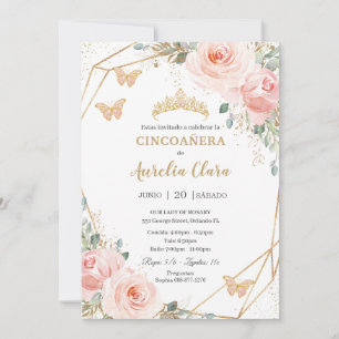 Cincoañera Blush Pink Floral Butterflies Princess  Invitation