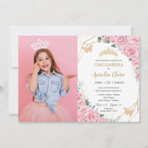 Cincoañera Pink Roses Floral Butterflies Photo  Invitation