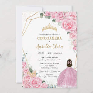 Cincoañera Pink Roses Floral Gold Princess Crown Invitation