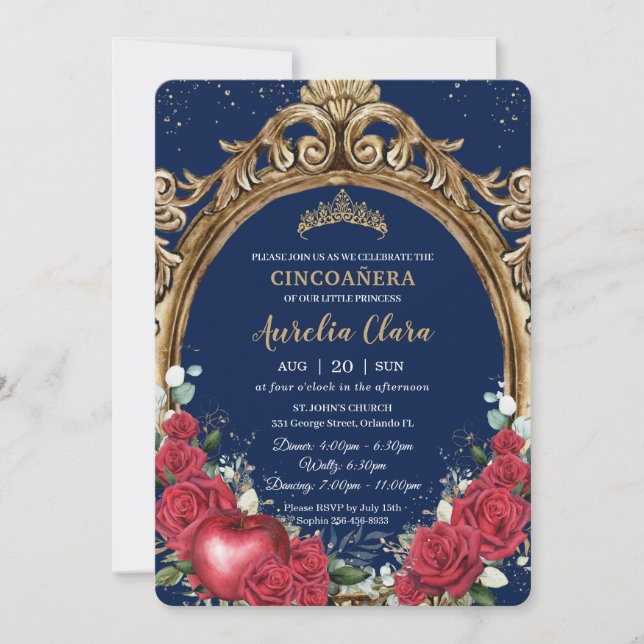 Cincoañera Red Roses Floral Snow White Gold Frame Invitation (Front)