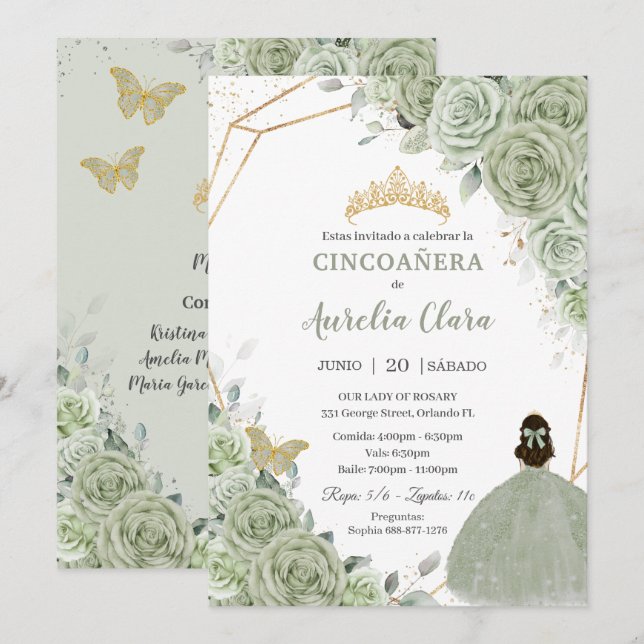 Cincoañera Sage Green Floral Gold Princess Dress Invitation (Front/Back)