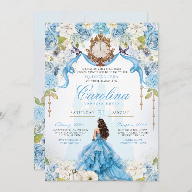Cinderella Baby Blue Luxury Princess Quinceanera Invitation (Front/Back)