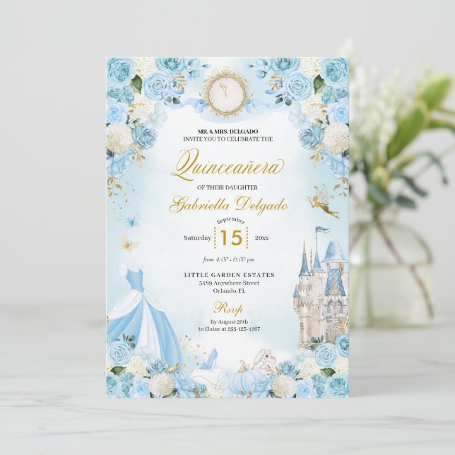 Cinderella Blue Fairytale Princess Quinceanera Invitation (Standing Front)