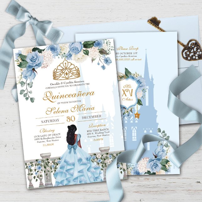 Cinderella Blue Roses & Gold Princess Quinceañera Invitation (Creator Uploaded)