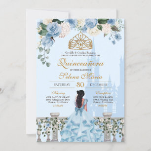 Cinderella Blue Roses & Gold Princess Quinceañera Invitation