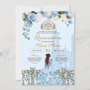 Cinderella Blue Roses & Gold Princess Quinceanera Invitation