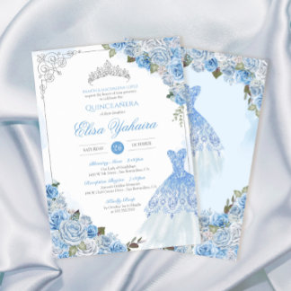 Cinderella Blue Silver Rose Princess Quinceanera  Invitation