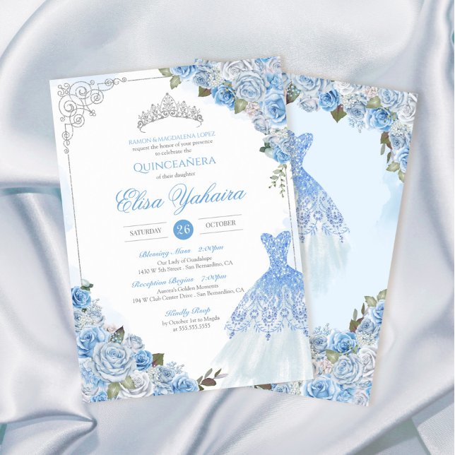Cinderella Blue Silver Rose Princess Quinceanera  Invitation (Creator Uploaded)