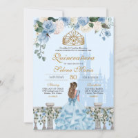 Cinderella Blue w Gold Floral Princess Quinceanera