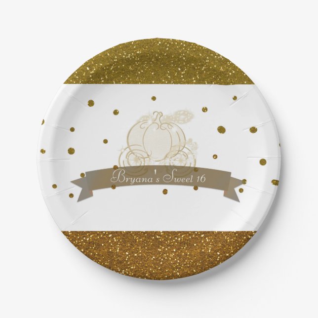 Cinderella Carriage Gold Glitter Dots Party Plates (Front)