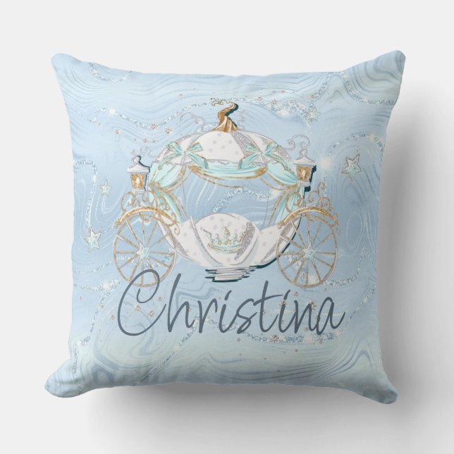 Cinderella Fairy Tale Carriage on Blue & Silver Cushion (Front)