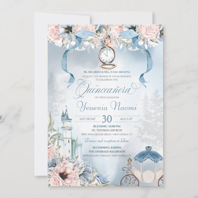 Cinderella Fairy Tale Light Blue Pink Quinceanera Invitation (Front)