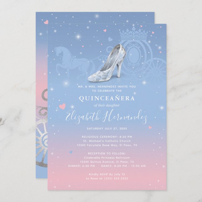 Cinderella Light Blue and Pink Quinceanera Invitation (Front/Back)