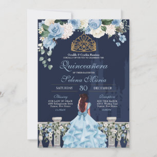 Cinderella Navy Blue Floral Princess Quinceañera Invitation