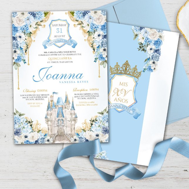 Cinderella Princess Castle Light Blue Quinceanera Invitation (Creator Uploaded)