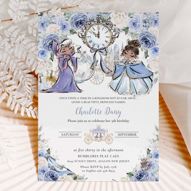 Cinderella Princess Fairytale Blue Floral Birthday Invitation (Creator Uploaded)