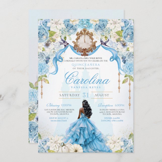 Cinderella Quinceañera Blue Gold Luxury Birthday Invitation (Front/Back)
