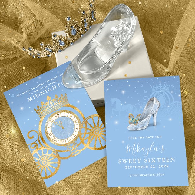 Cinderella Shoe Baby Blue Gold Sweet 16 Birthday Save The Date (Creator Uploaded)
