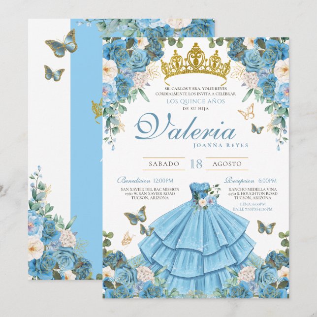 Cinderlla Blue Gold Elegant Princess Quinceañera Invitation (Front/Back)