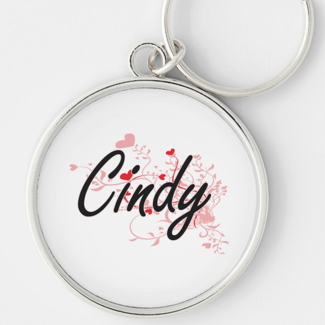 Cindy Artistic Name Design with Hearts Key Ring (Front)