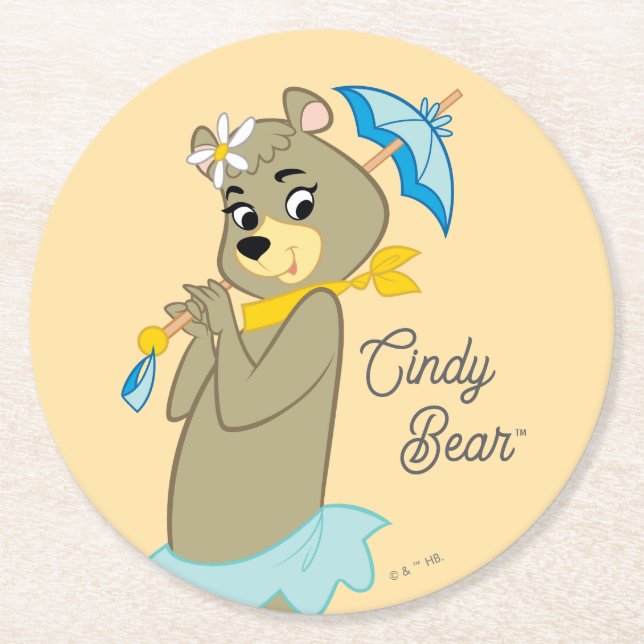 Cindy Bear Holding Parasol Round Paper Coaster (Front)