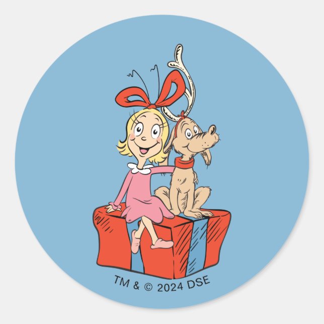 Cindy Lou Who and Max on a Present Classic Round Sticker (Front)