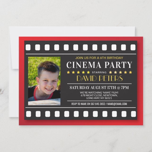 Cinema Birthday Party Film Any Age Red Photo Kids Invitation (Front)
