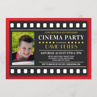 Cinema Birthday Party Film Any Age Red Photo Kids Invitation