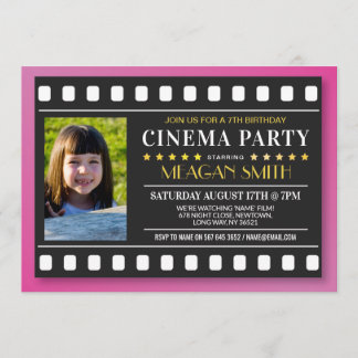 Cinema Birthday Party Movie Film Girl's Pink Photo Invitation
