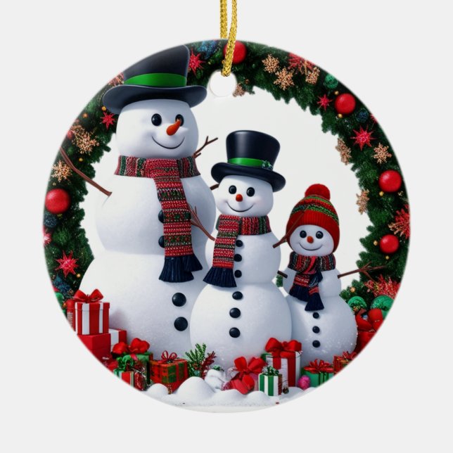 Cinematic Family of 3 Snowman Christmas Wreath  Ceramic Ornament (Front)