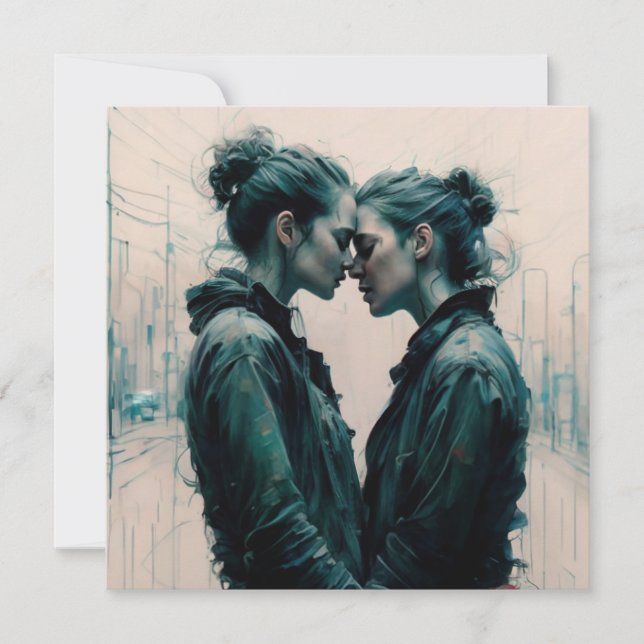 Cinematic Lesbian Couple Scribbles Holiday Card (Front)