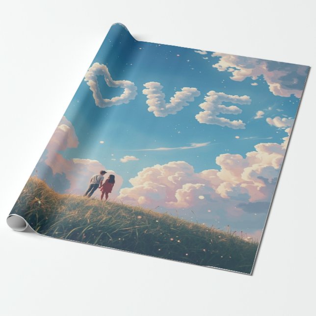Cinematic "Love" in the Sky & Couple Sunset Scene Wrapping Paper (Unrolled)
