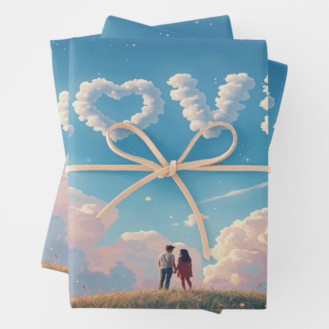 Cinematic "Love" in the Sky & Couple Sunset Scene Wrapping Paper Sheet (In situ)