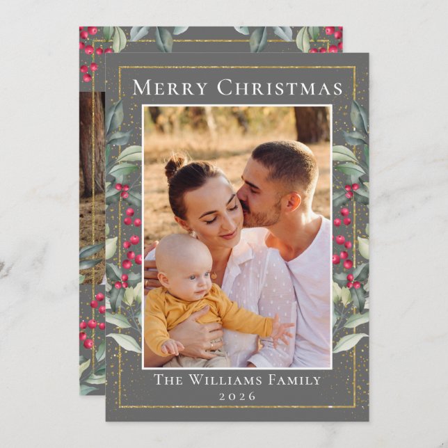 Cinereous Gold Christmas Holly Berries 2 Photo Holiday Card (Front/Back)