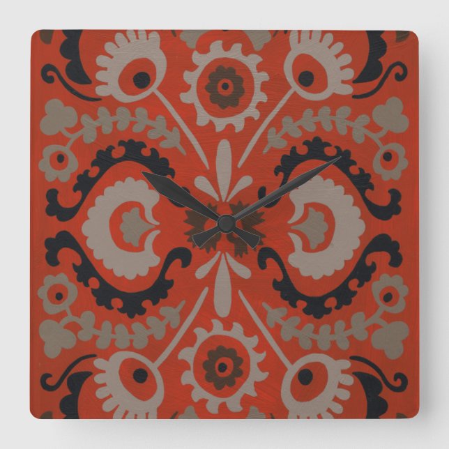 Cinnabar Suzani I Square Wall Clock (Front)
