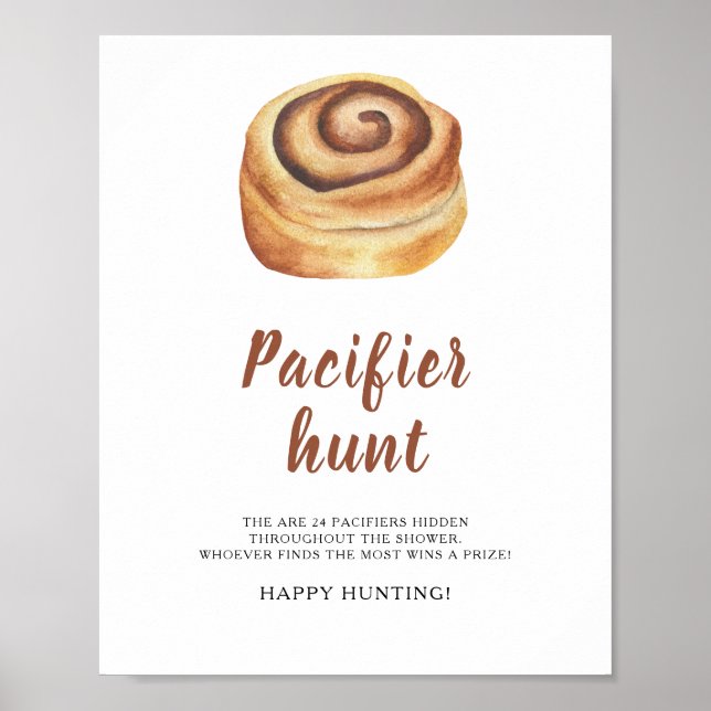 Cinnamon bun - pacifier hunt baby shower game poster (Front)