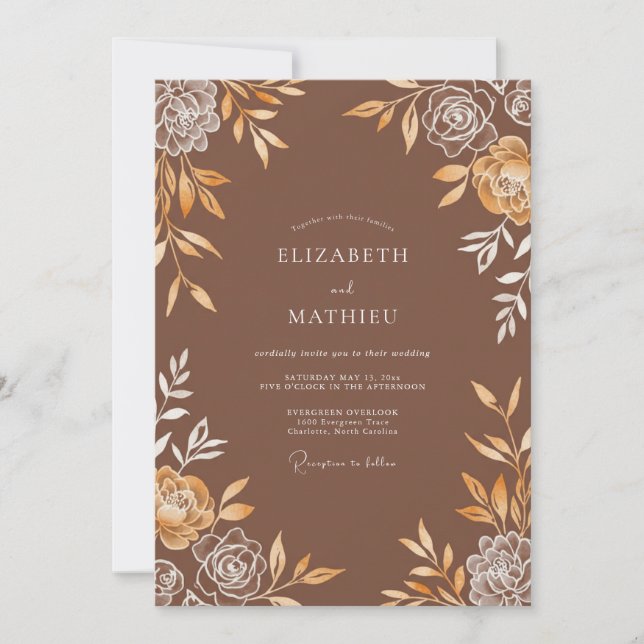 Cinnamon Gold Leafy Wedding Invitation (Front)