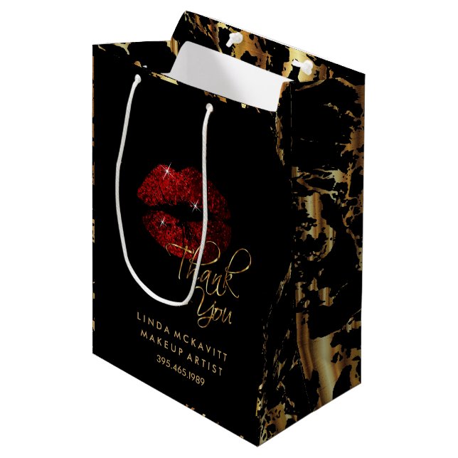 Cinnamon Red Glitter Lip & Gold Marble - Thank You Medium Gift Bag (Front Angled)