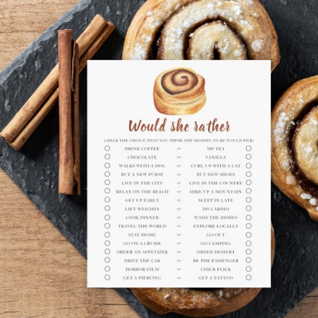 Cinnamon roll baby shower Would she rather (Creator Uploaded)