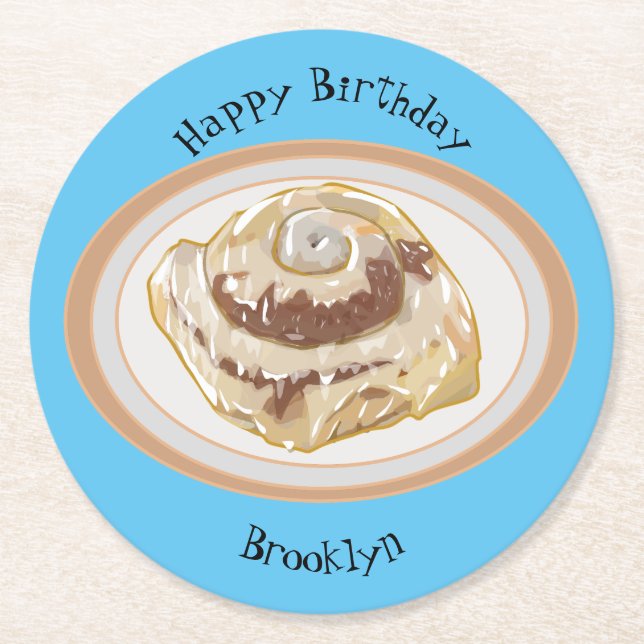Cinnamon roll cartoon illustration round paper coaster (Front)