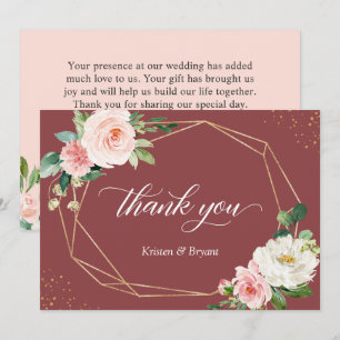 Cinnamon Rose Blush Floral Gold Geometric Wedding Thank You Card