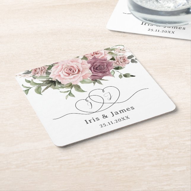 Cinnamon Rose Blush Floral Wedding Favour Square Paper Coaster (Angled)