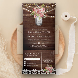 Cinnamon Rose Floral Mason Jar Rustic Wood Wedding Tri-Fold Invitation
